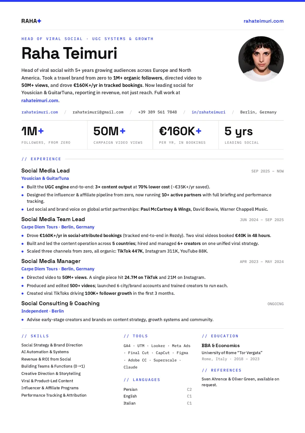 First page of Raha Teimuri's CV